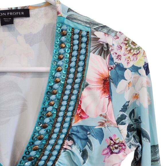 Boston Proper Floral Flower Beaded Embellished Boho Blouse V-Neck Multi Size XS - Picture 5 of 8